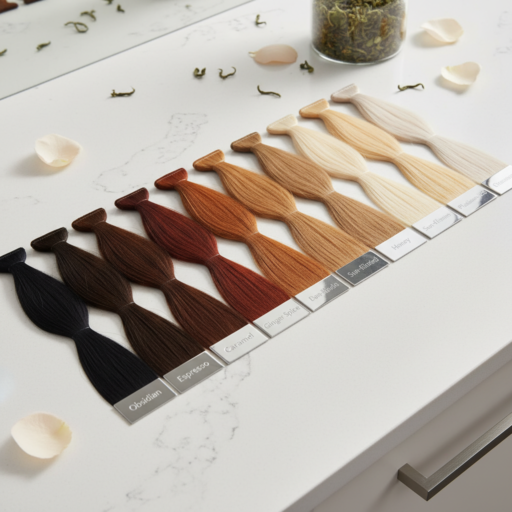 Hair color shade matching guide showing different hair shades