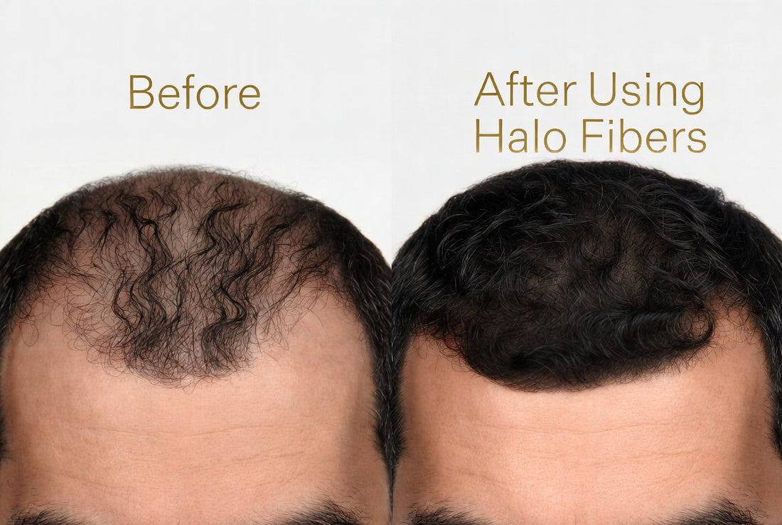 Before and after using Halo Fibers keratin hair building fibers on thinning hair.